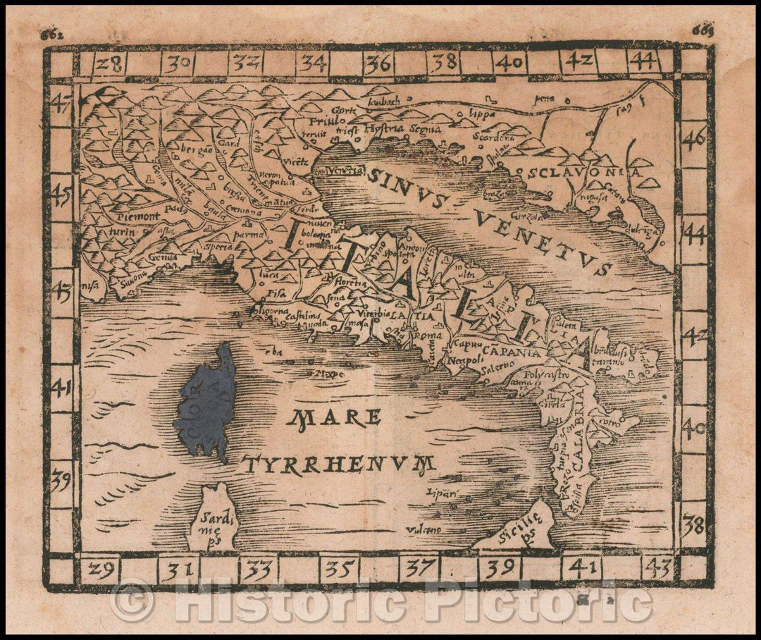 Historic Map - Italy and Seeland (Sicily), 1561, Johann Honter - Vintage Wall Art