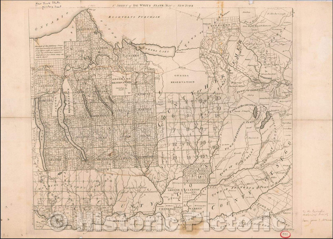 Historic Map - 1st sheet of De Witt's State Map of New-York (with contemporary manuscript annotations), 1793, Simeon De Witt - Vintage Wall Art