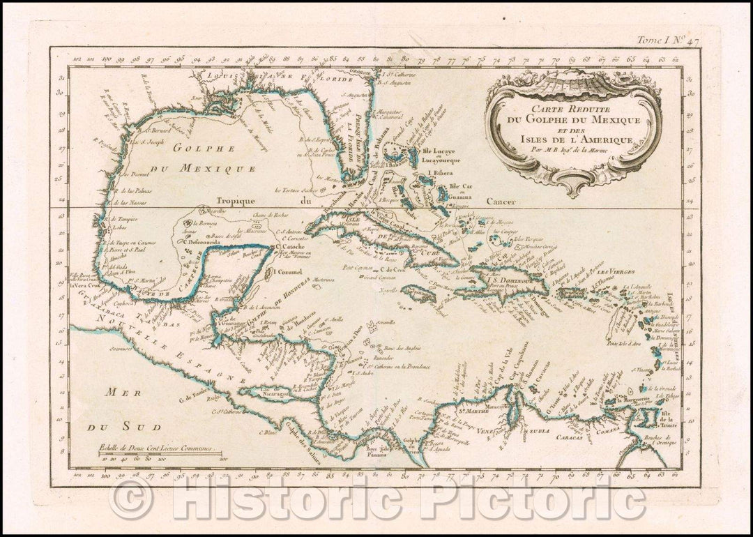 Historic Map - Carte Reduite du Golphe du Mexique et des Isles de l'Amerique :: Caribbean, published in Nicholas Bellin's Petit Atlas Maritime, 1764 - Vintage Wall Art