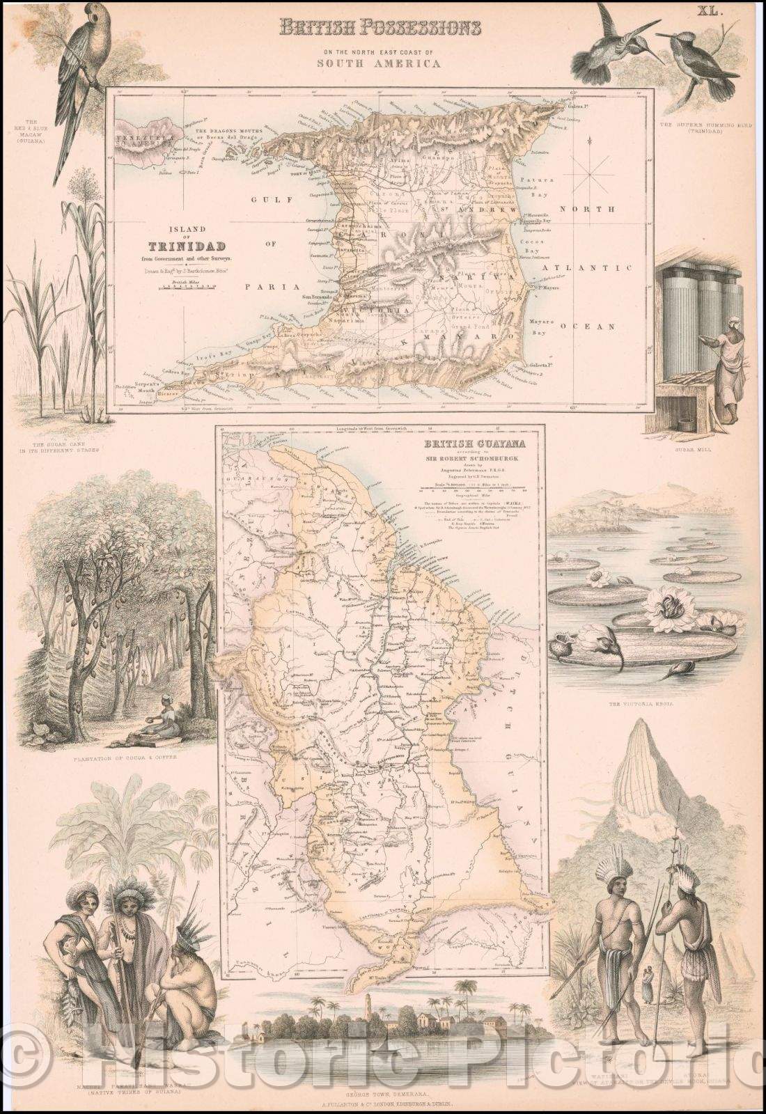 Historic Map - British Possessions on the North East Coast of South America (Trinidad and British Guyana), 1865, Archibald Fullarton & Co. - Vintage Wall Art