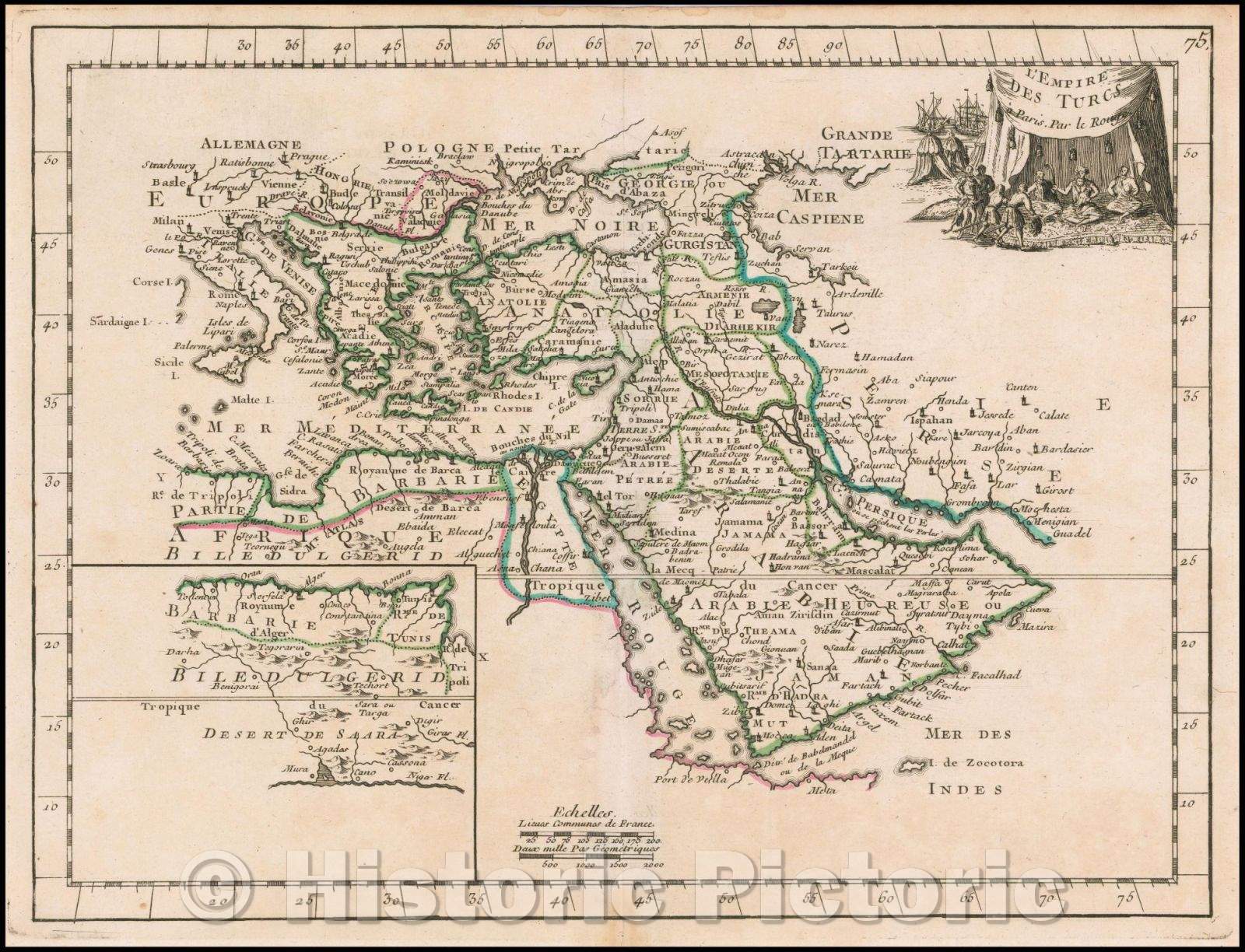 Historic Map - L'Empire Des Turcs/Map of the Turkish Empire, from Le Rouge's Atlas Nouvel Portatif, first issued in Paris in 1748, 1748 - Vintage Wall Art