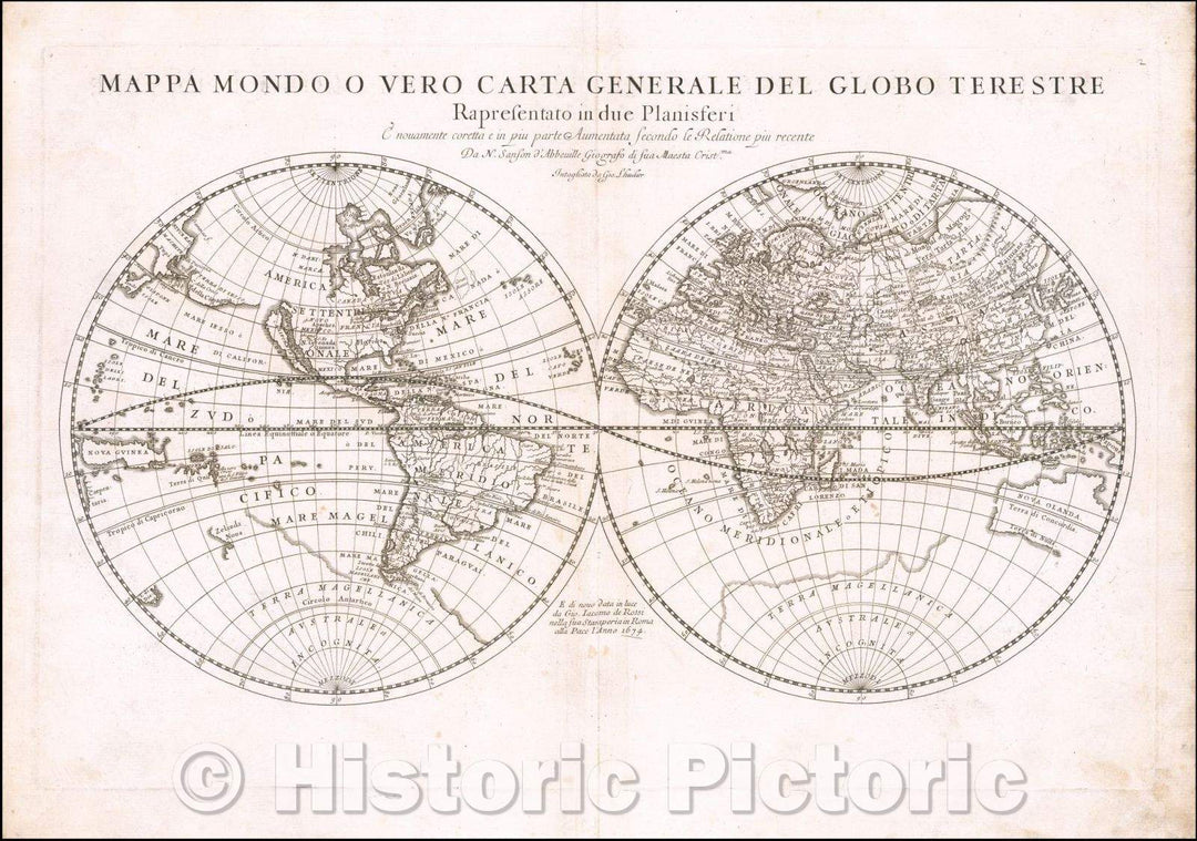 Historic Map - Mappa Mondo, o Vero Carta Generale Del Globo Terrestre Rapresentato :: Double hemisphere Map of the World, 1674 - Vintage Wall Art