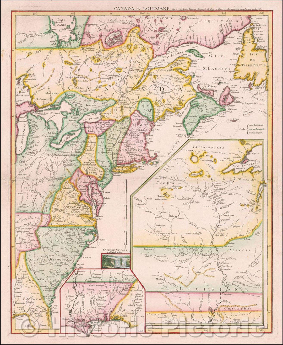 Historic Map - Canada et Louisiane Par le Sr. Rouge Geographe du Roy/French & Indian War Map of the British and French Colonies in North America, 1755 - Vintage Wall Art