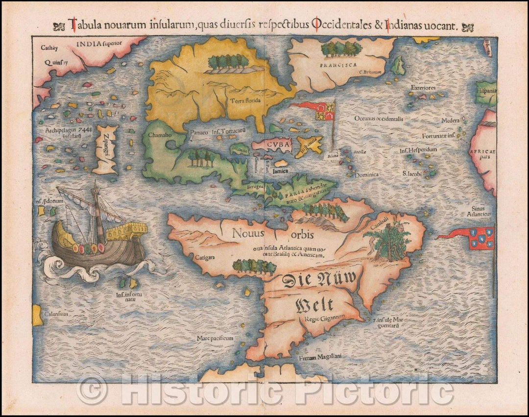 Historic Map - Tabula novarum insularum, quas Diversis respectibus Occidentales & Indianas uocant. 1st Map of the continent of America, 1554, Sebastian M?nster v2