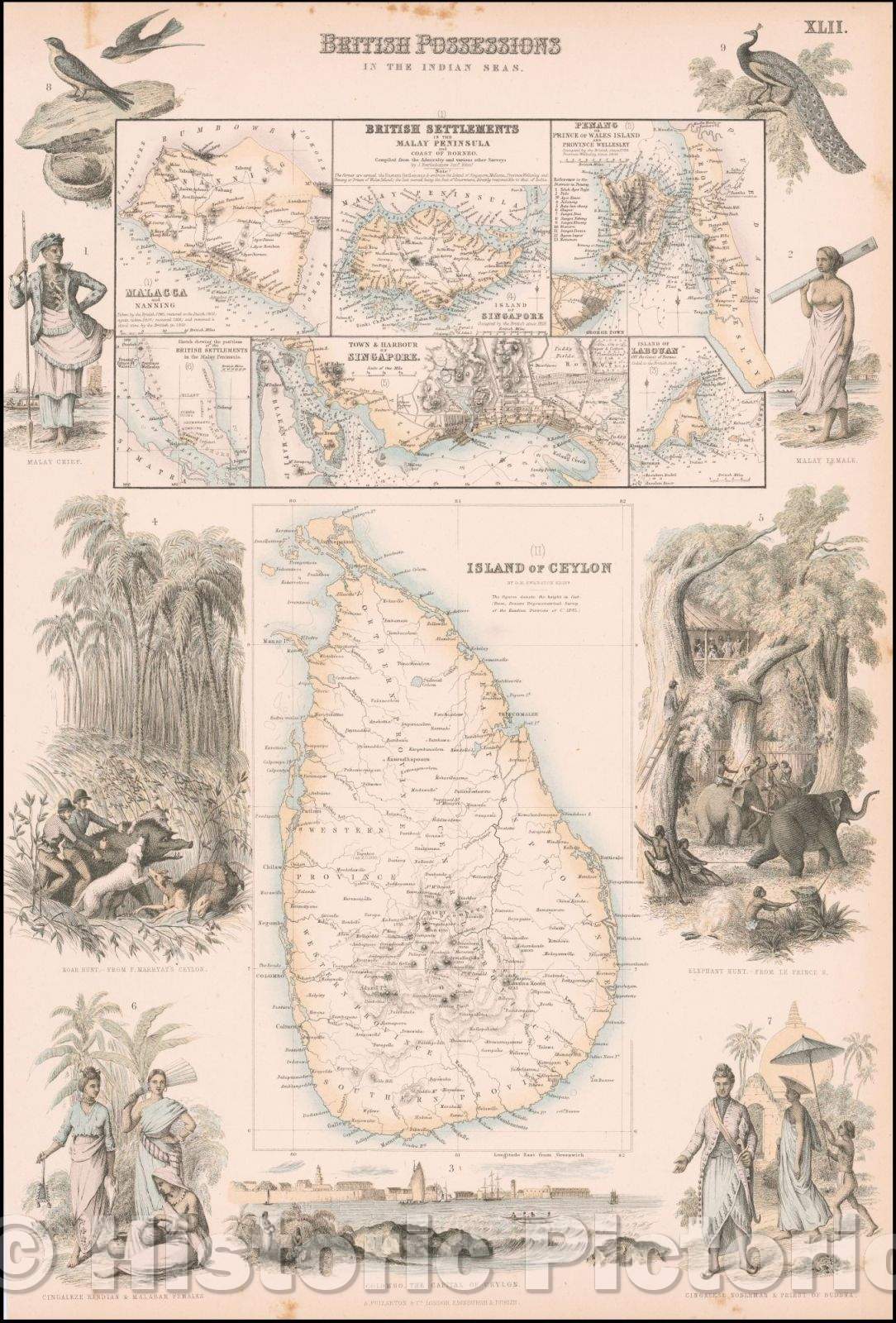 Historic Map - British Possessions in the Indian Seas. (Sri Lanka, Singapore, Penang, Malacca, Labouan, etc, 1865, Archibald Fullarton & Co. - Vintage Wall Art