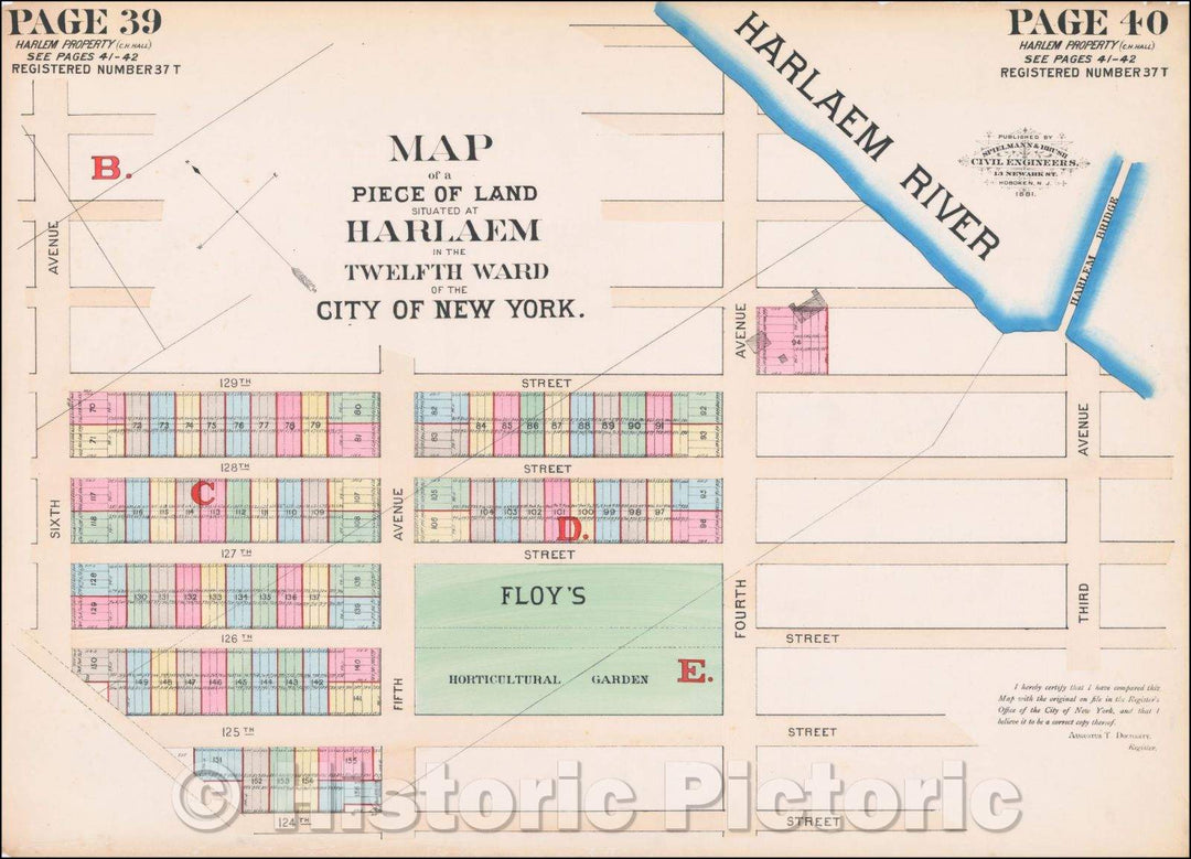 Historic Map - Map of a Piece of Land Situated at Harlaem in the Twelfth Ward of the City of New York, 1881, Spielmann & Brush - Vintage Wall Art