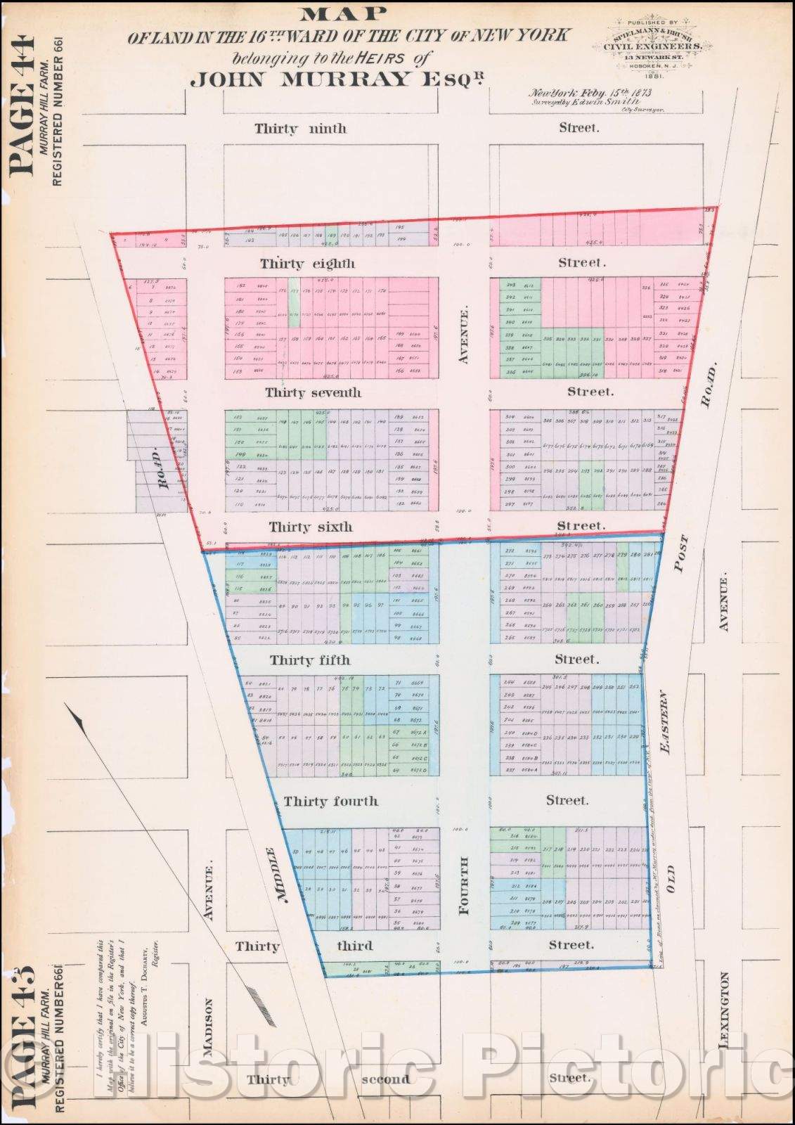 Historic Map - Map of Land in the 16th Ward of the City of New York belonging to the Heirs of John Murray Esqr, 1881, Spielmann & Brush - Vintage Wall Art