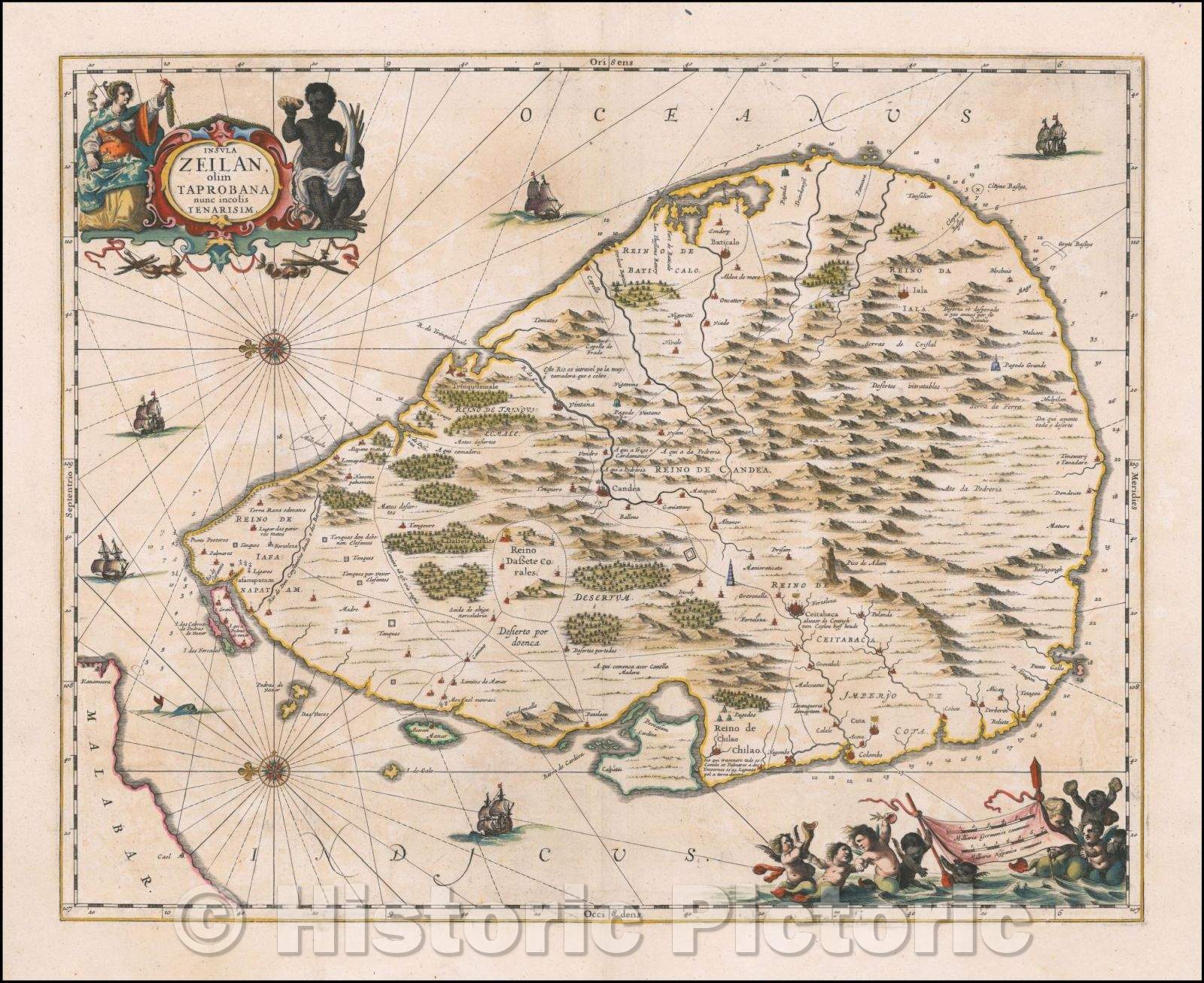 Historic Map - [Sri Lanka] Insula Zeilan olim Taprobana nunc incolis Tenarisim/Map of Sri Lanka, title cartouche, 1650, Jan Jansson - Vintage Wall Art