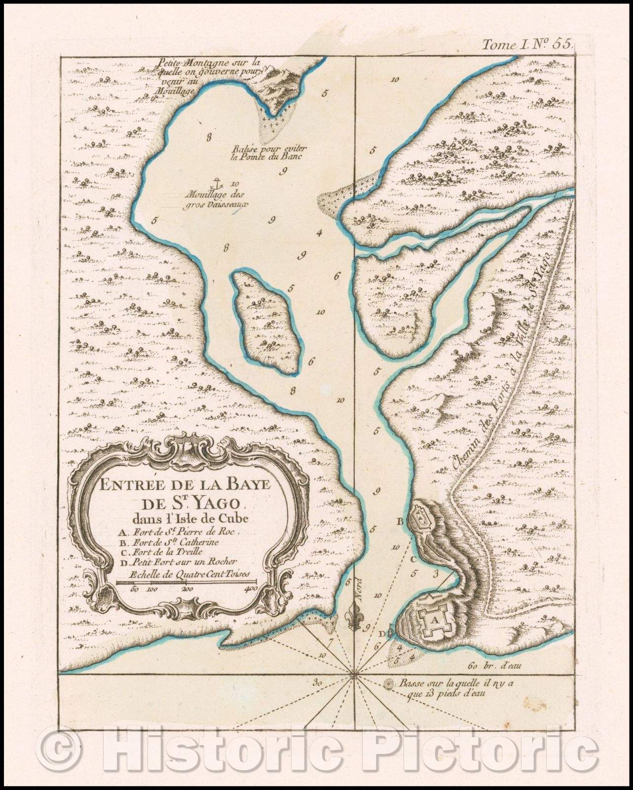 Historic Map - Santiago Bay, Cuba/Entree de La Baye de St. Yago dans l'Isle de Cube, 1764, Jacques Nicolas Bellin - Vintage Wall Art