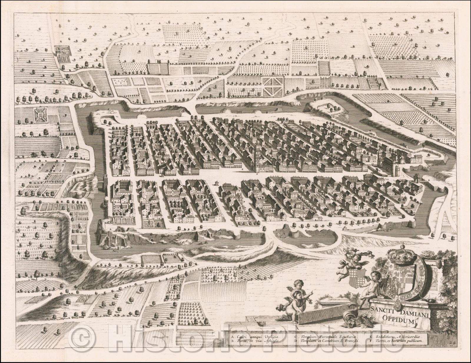 Historic Map - San Damiano D'Asti Sancti Damiani Oppidum/birdseye of San Damiano D'Asti in the Piedmont region of Northern Italy, 1688 - Vintage Wall Art