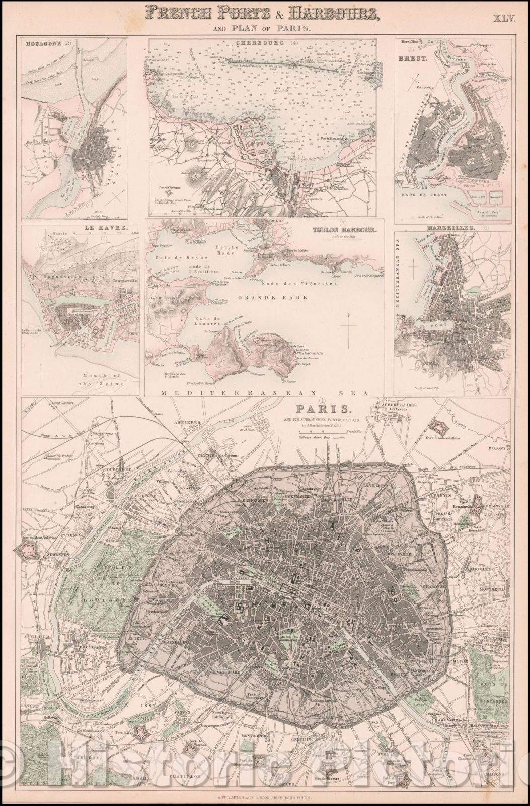 Historic Map - French Ports & Harbours and Plan of Paris, 1866, Archibald Fullarton - Vintage Wall Art