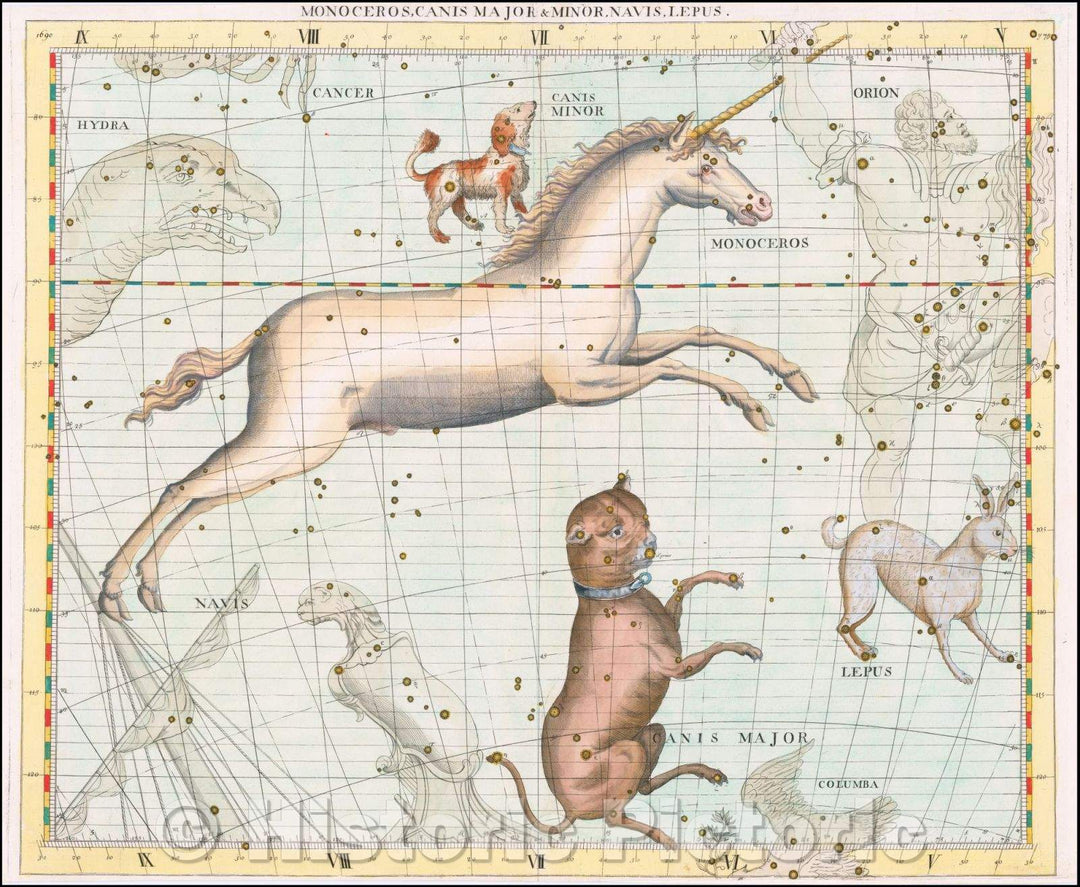 Historic Map - [Unicorn Constellation, etc.] Monceros, Canis Major & Minor, Navis, Lepus, 1728 - Vintage Wall Art