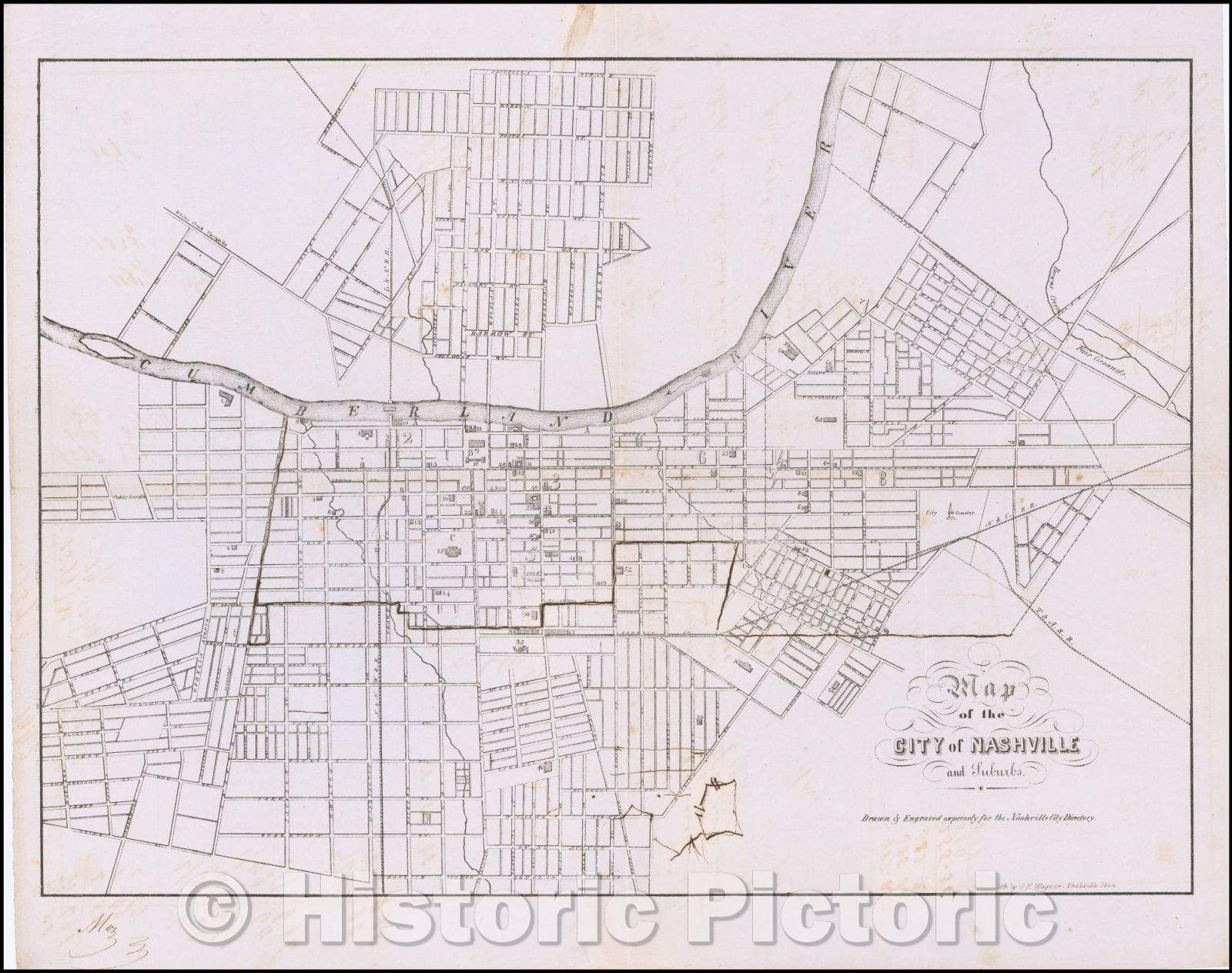 Historic Map - Map of the City of Nashville and Suburbs, 1860, J. F. Wagner - Vintage Wall Art