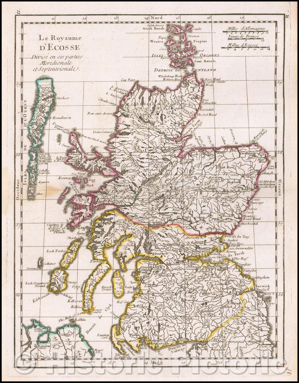 Historic Map - Le Royaume d'Ecosse/Map of Scotland, showing towns, rivers, lakes, islands, bays, 1748, Georges Louis Le Rouge - Vintage Wall Art