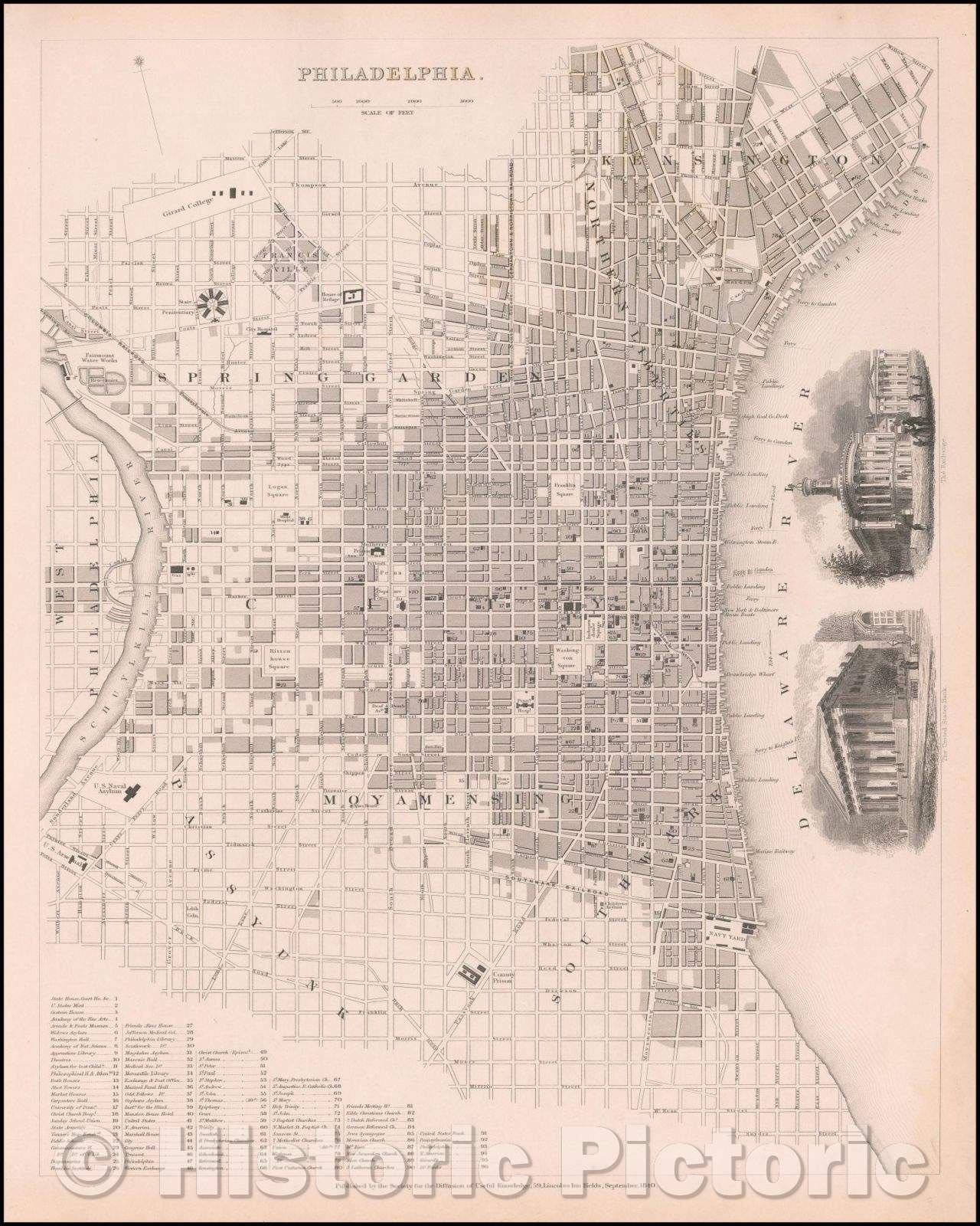 Historic Map - Philadelphia, 1840, SDUK - Vintage Wall Art