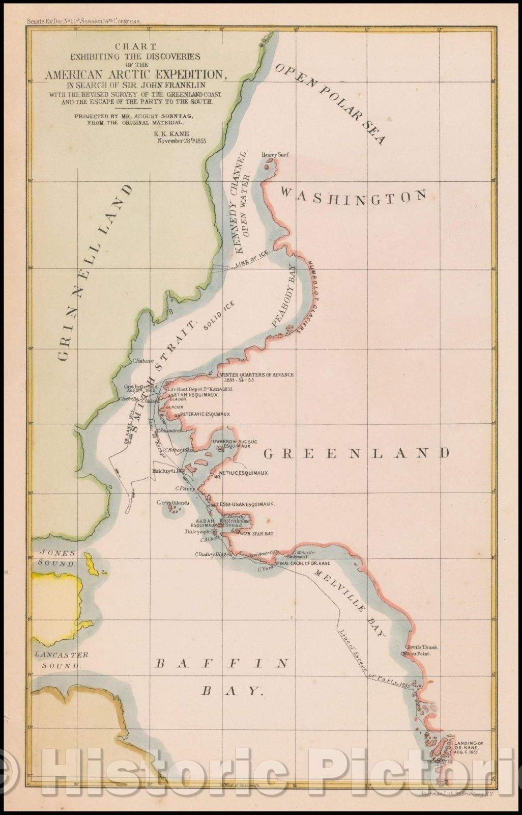 Historic Map - Chart Exhibiting The Discoveries of the American Arctic Expedition, In Search of John Franklin With The Revised Survey of the Greenland Coast, 1855 - Vintage Wall Art