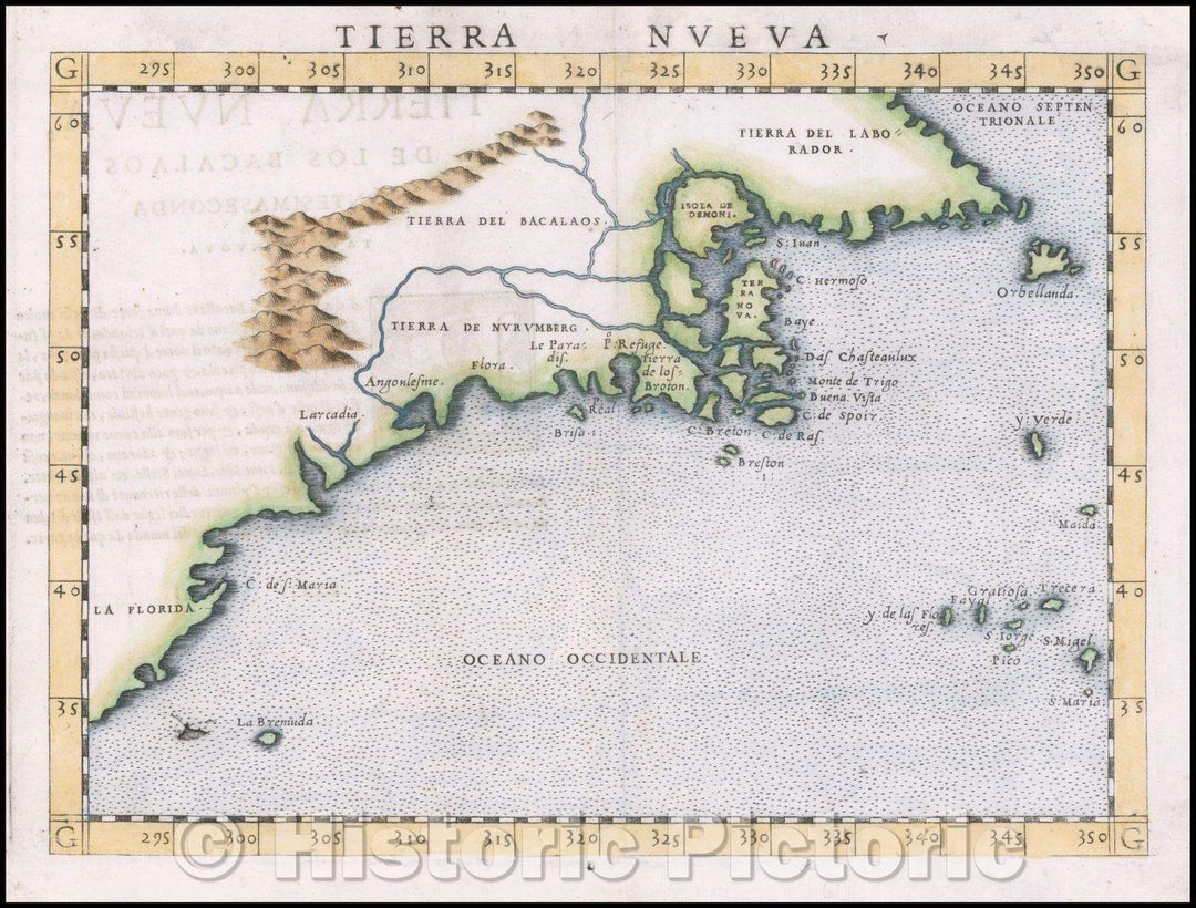 Historic Map - [New England] Tierra Nueva /[New England] Tierra Nueva, 1561, Girolamo Ruscelli - Vintage Wall Art