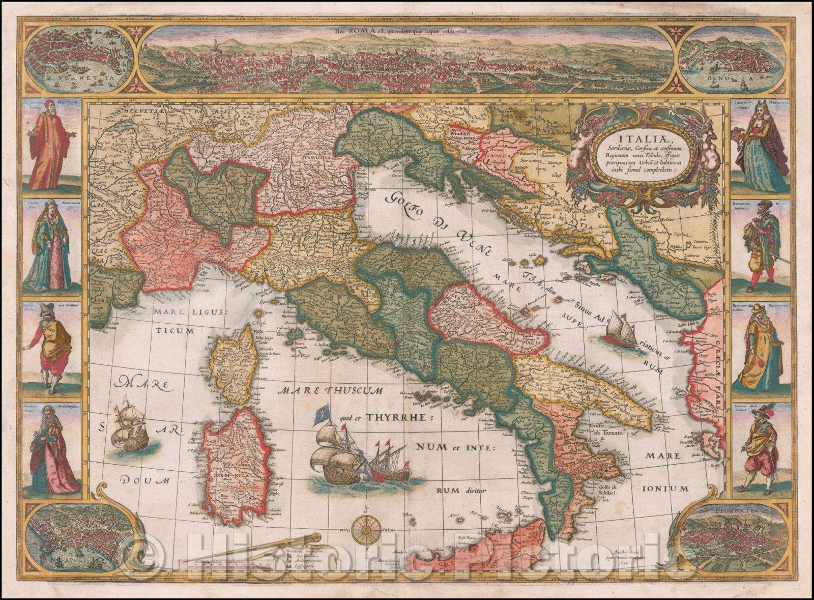 Historic Map - Italiae, Sardiniae, Corsicae, et confinium Regionum nova Tabula effigies praecipuarum Urbiu et habituum inibi simul complectens, 1640 v2