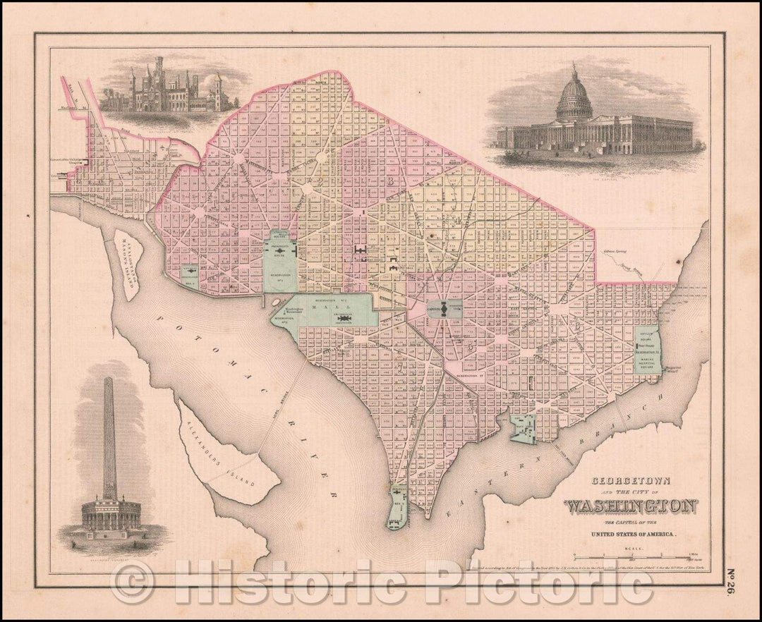 Historic Map - Georgetown And The City Of Washington The Capitol of the United States of America, 1858, Joseph Hutchins Colton - Vintage Wall Art