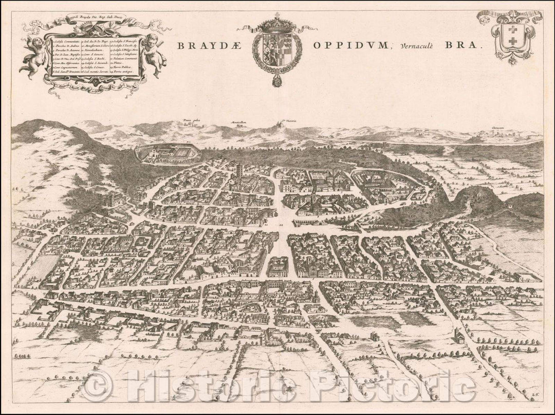 Historic Map - [Bra] Braydae Oppidum, vernacule Bra/Birdseye of Bra, south of Turnin, in the Piedmont Region of Northern Italy, 1688 - Vintage Wall Art