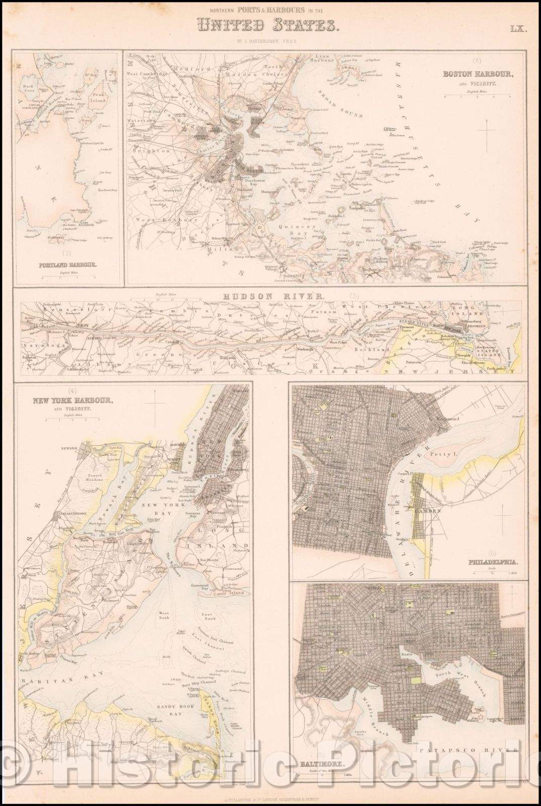 Historic Map - Northern Ports & Harbours in the United States [Portland, Boston, Hudson River, New York, Philadelphia, Baltimore], 1855 - Vintage Wall Art