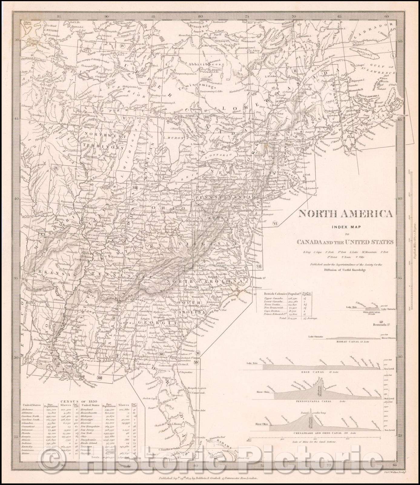 Historic Map - North America Index Map To Canada And The United States, 1834, SDUK - Vintage Wall Art