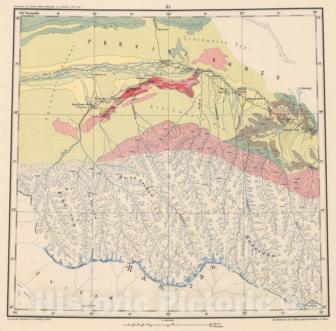 Historic Map : A. I: Geological map. Provinz Kansu, 1884, Vintage Wall Decor