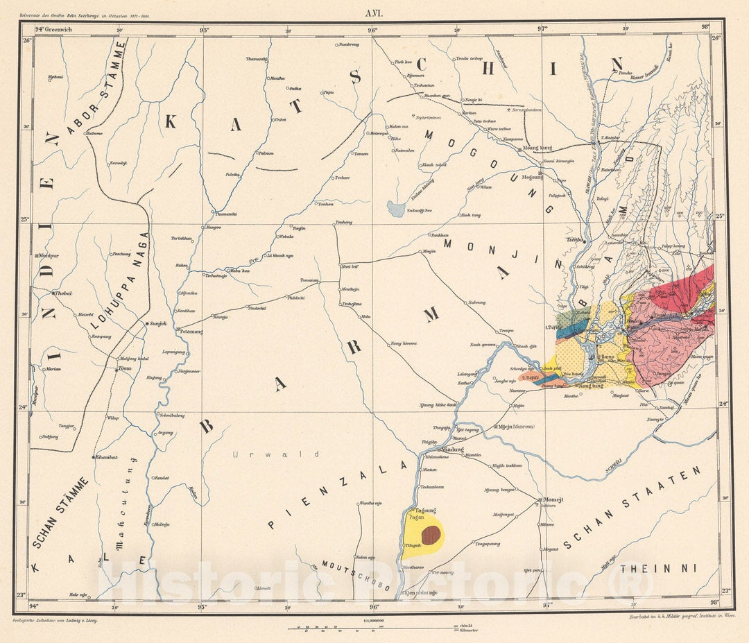 Historic Map : A. VI: Geological map. Barma; Katschin, 1884, Vintage Wall Decor