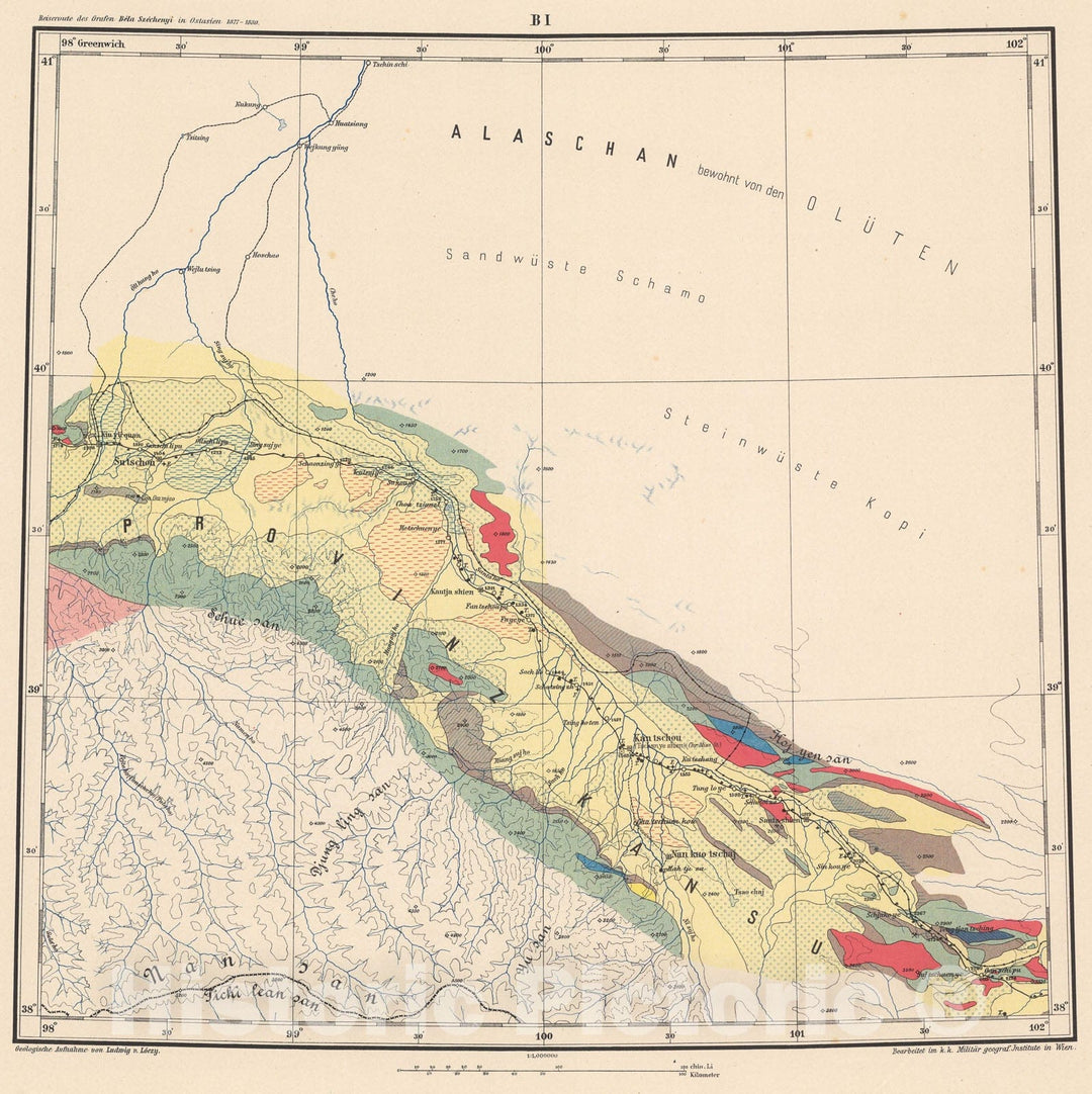 Historic Map : B. I: Geological map. Provinz Kansu, 1884, Vintage Wall Decor