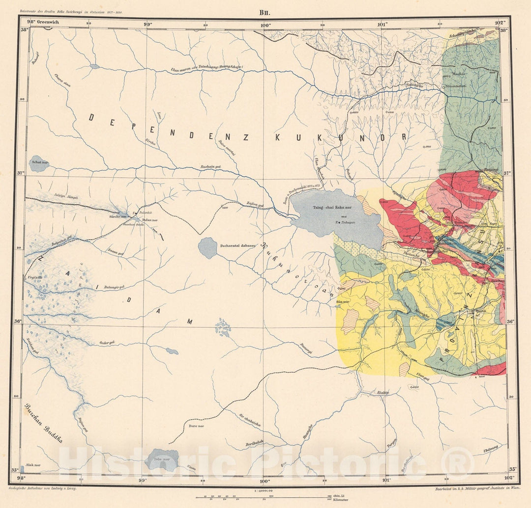 Historic Map : B. II: Geological map. Dependenz Kukunor, 1884, Vintage Wall Decor