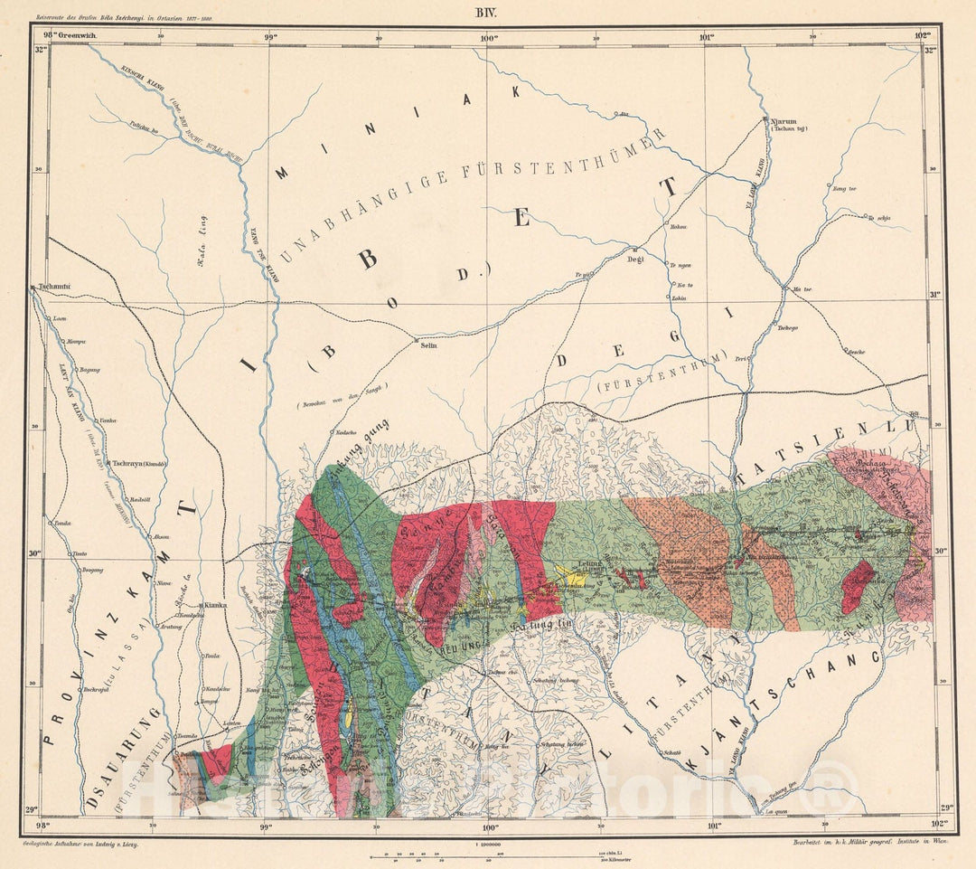 Historic Map : B. IV: Geological map. Tibet, 1884, Vintage Wall Decor