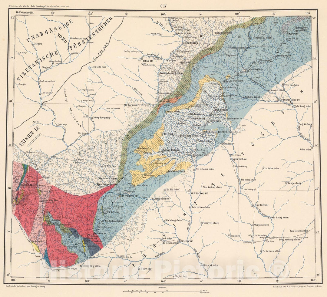 Historic Map : C.IV. Geological map. Provinz Setschuen, 1884, Vintage Wall Decor