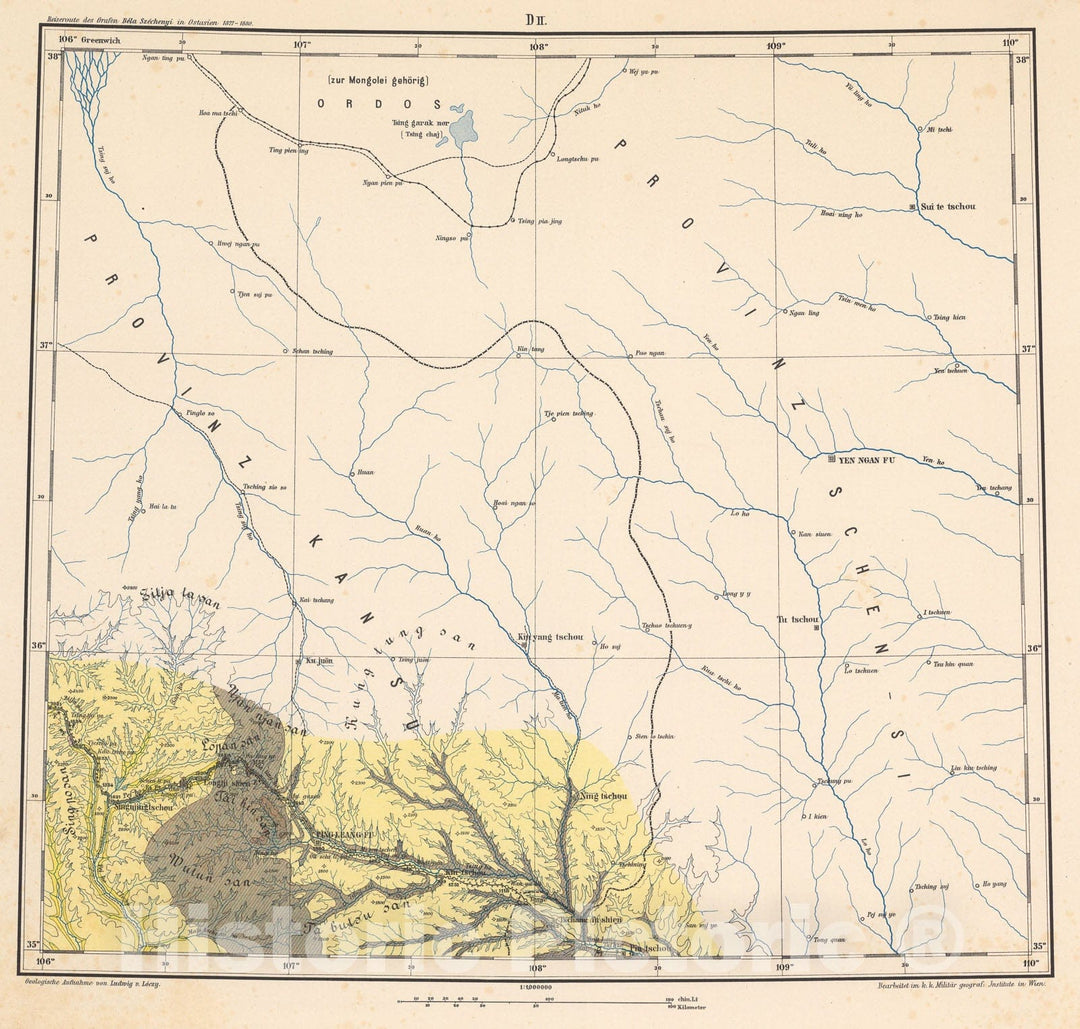 Historic Map : D.II. Geological map. Provinz Kansu. Provinz Schen - Si, 1884, Vintage Wall Decor