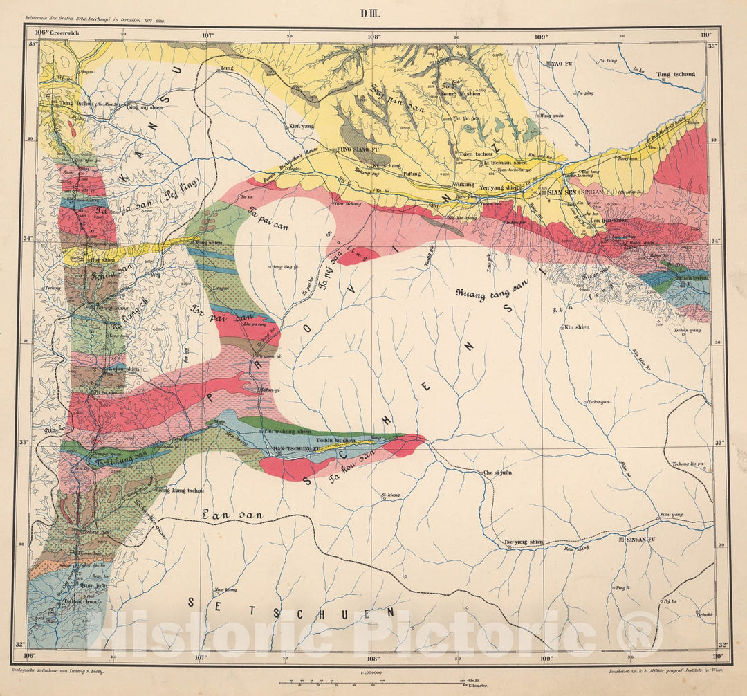 Historic Map : D.III. Geological map. Provinz Schens, 1884, Vintage Wall Decor