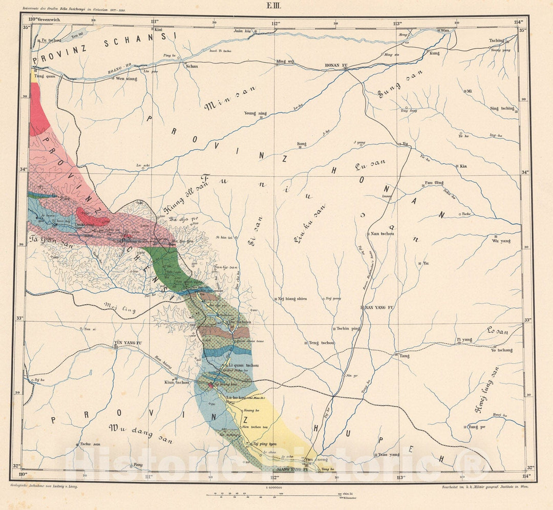 Historic Map : E.III. Geological map. Provinz Honan. Provinz Hupeh, 1884, Vintage Wall Decor