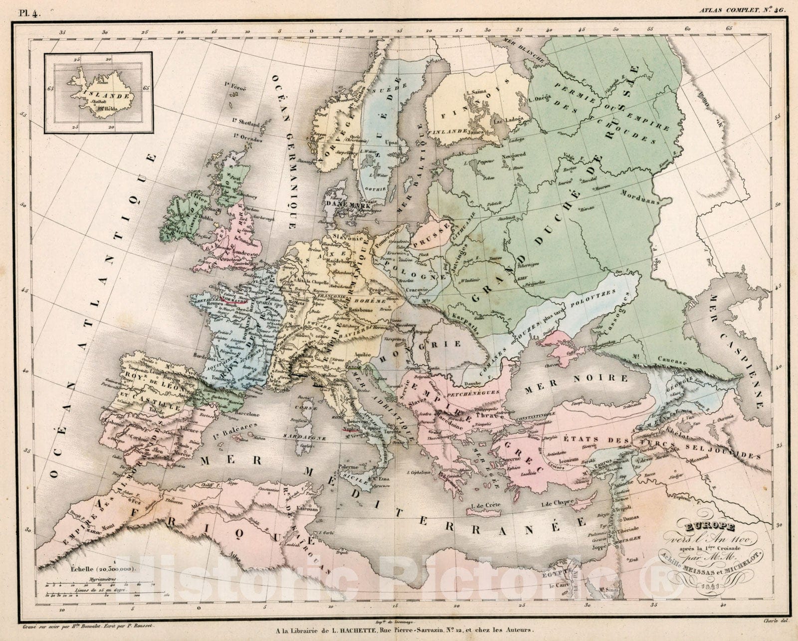 Historic Map : Europe vers l'An, apres la 1ere, Croisad, Hipte and Rousset, 1841, Vintage Wall Decor