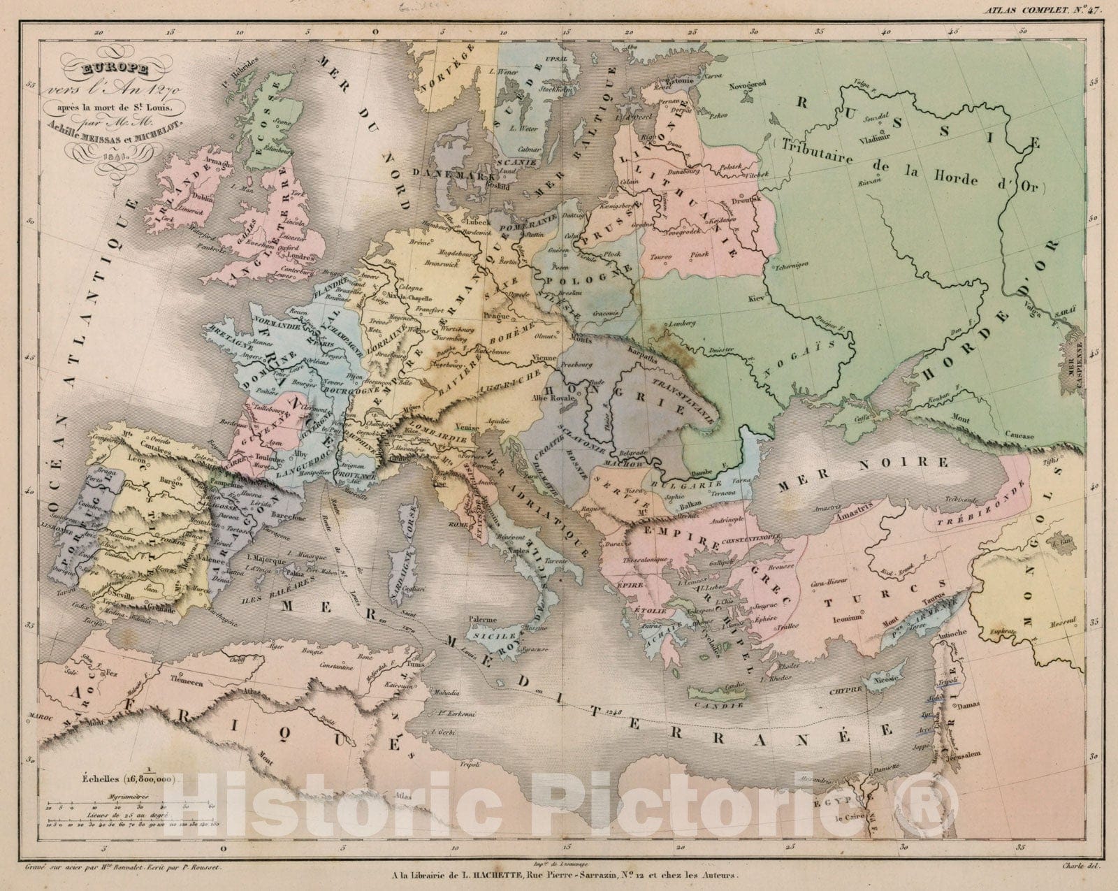 Historic Map : Europe vers l'An, apres la mort de St. Louis, Hipte and Rousset, 1841, Vintage Wall Decor