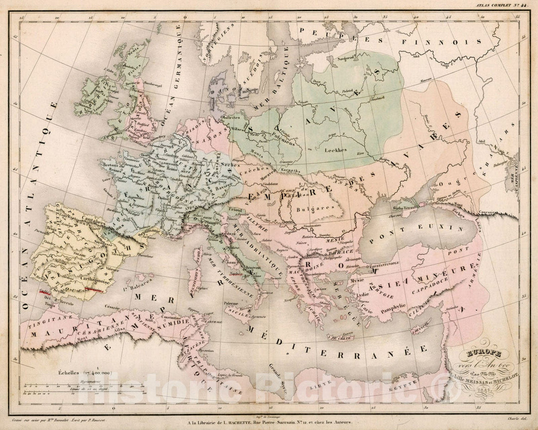 Historic Map : Europe vers l'An 600, 1841, Vintage Wall Decor