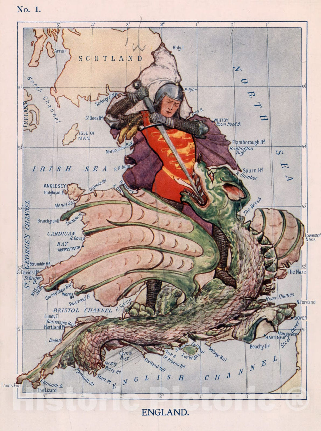 Historic Map : 1. England. St. George Wins the Victory over the Dragon., 1912, Vintage Wall Decor