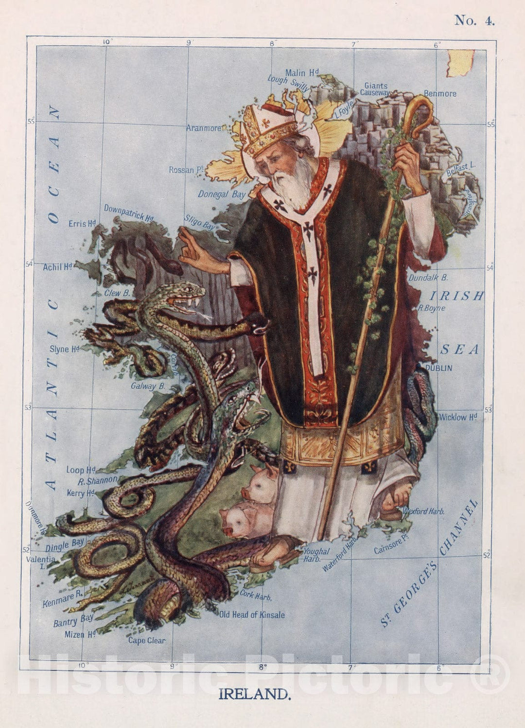 Historic Map : 4. Ireland. St. Patrick Commands All the Reptiles to Leave Ireland., 1912, Vintage Wall Decor