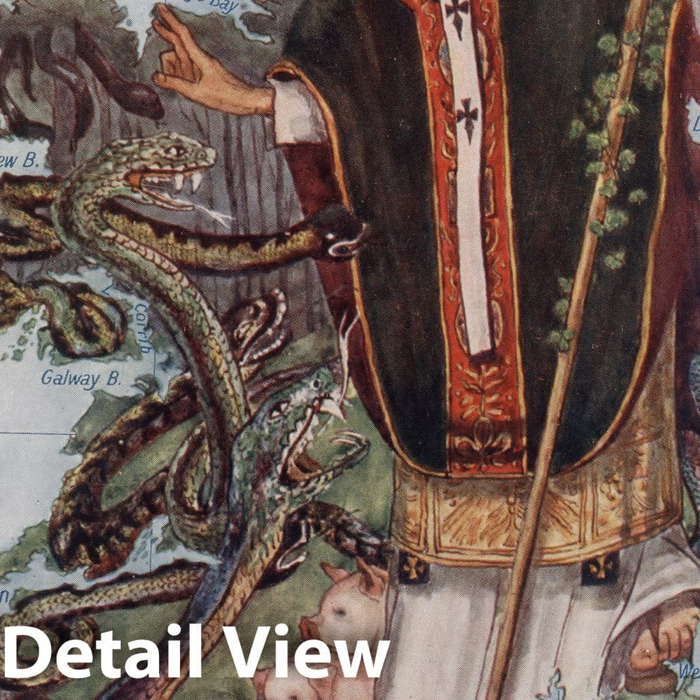 Historic Map : 4. Ireland. St. Patrick Commands All the Reptiles to Leave Ireland., 1912, Vintage Wall Decor