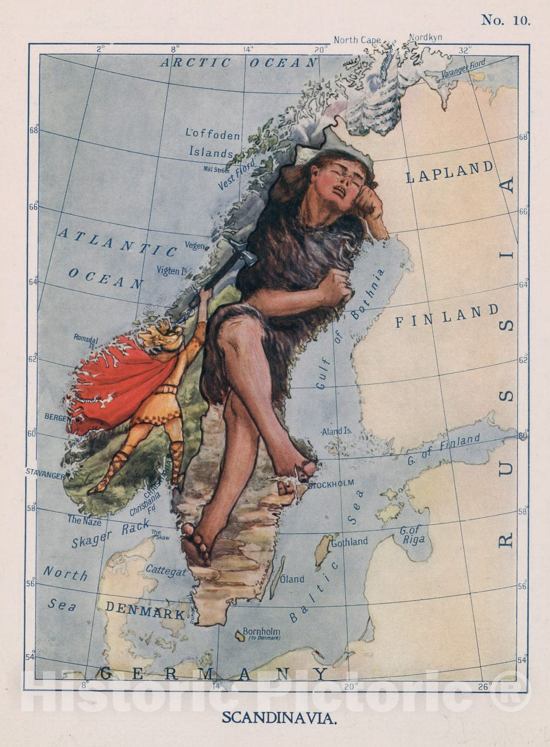 Historic Map : 10. Scandinavia. Thor Hurls his Hammer at the Sleeping Giant., 1912, Vintage Wall Decor