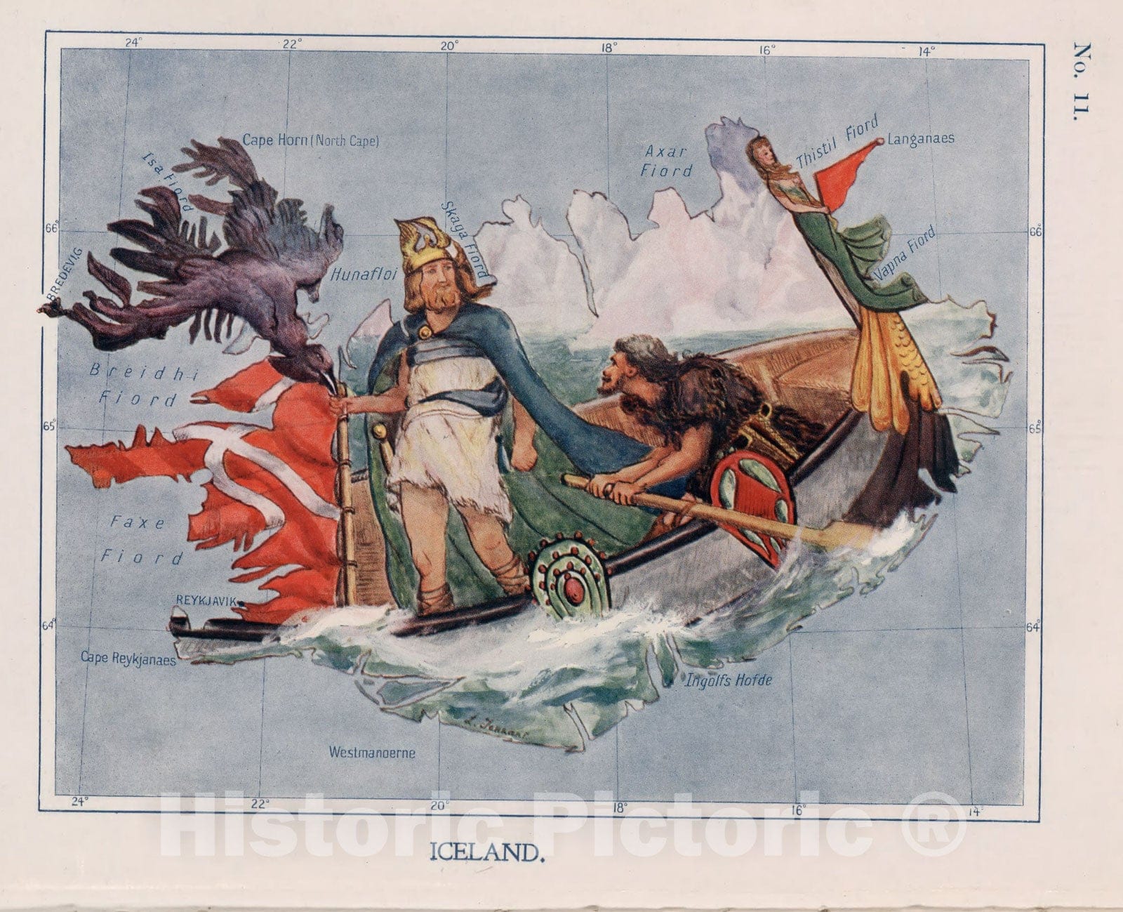 Historic Map : 11. Iceland. The Raven Guides Floke across the Great Sea., 1912, Vintage Wall Decor