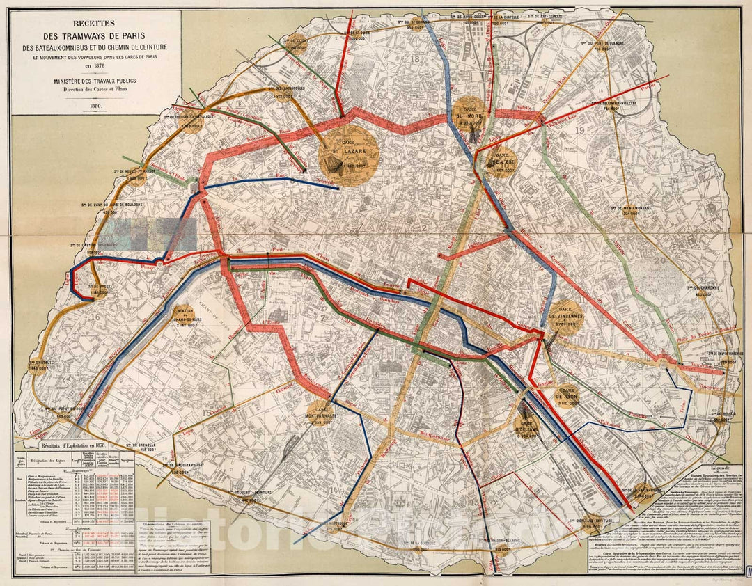 Historic Map : Recettes des Tramways de Paris des Bateaux-omnibus en 1878., 1880, Vintage Wall Decor