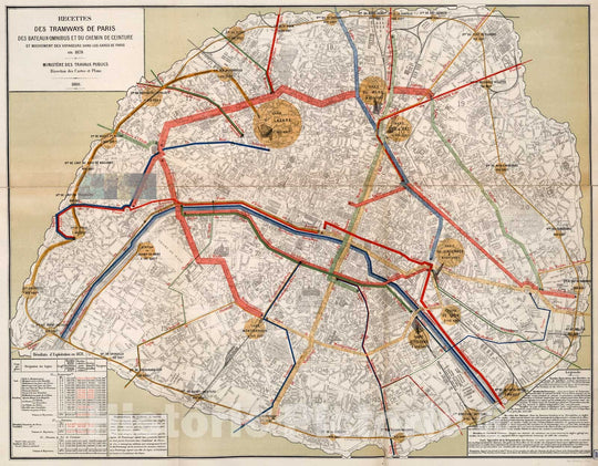 Historic Map : Recettes des Tramways de Paris des Bateaux-omnibus en 1878., 1880, Vintage Wall Decor