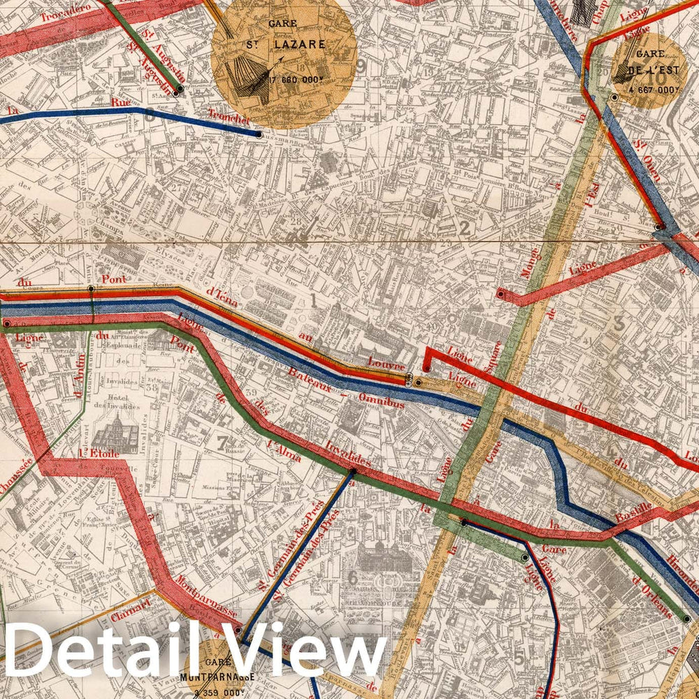 Historic Map : Recettes des Tramways de Paris des Bateaux-omnibus en 1878., 1880, Vintage Wall Decor