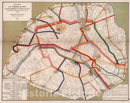 Historic Map : Recettes des Tramways de Paris des Bateaux-Omnibus et Mouvement des Voyageurs, Paris en 1879., 1881, Vintage Wall Decor