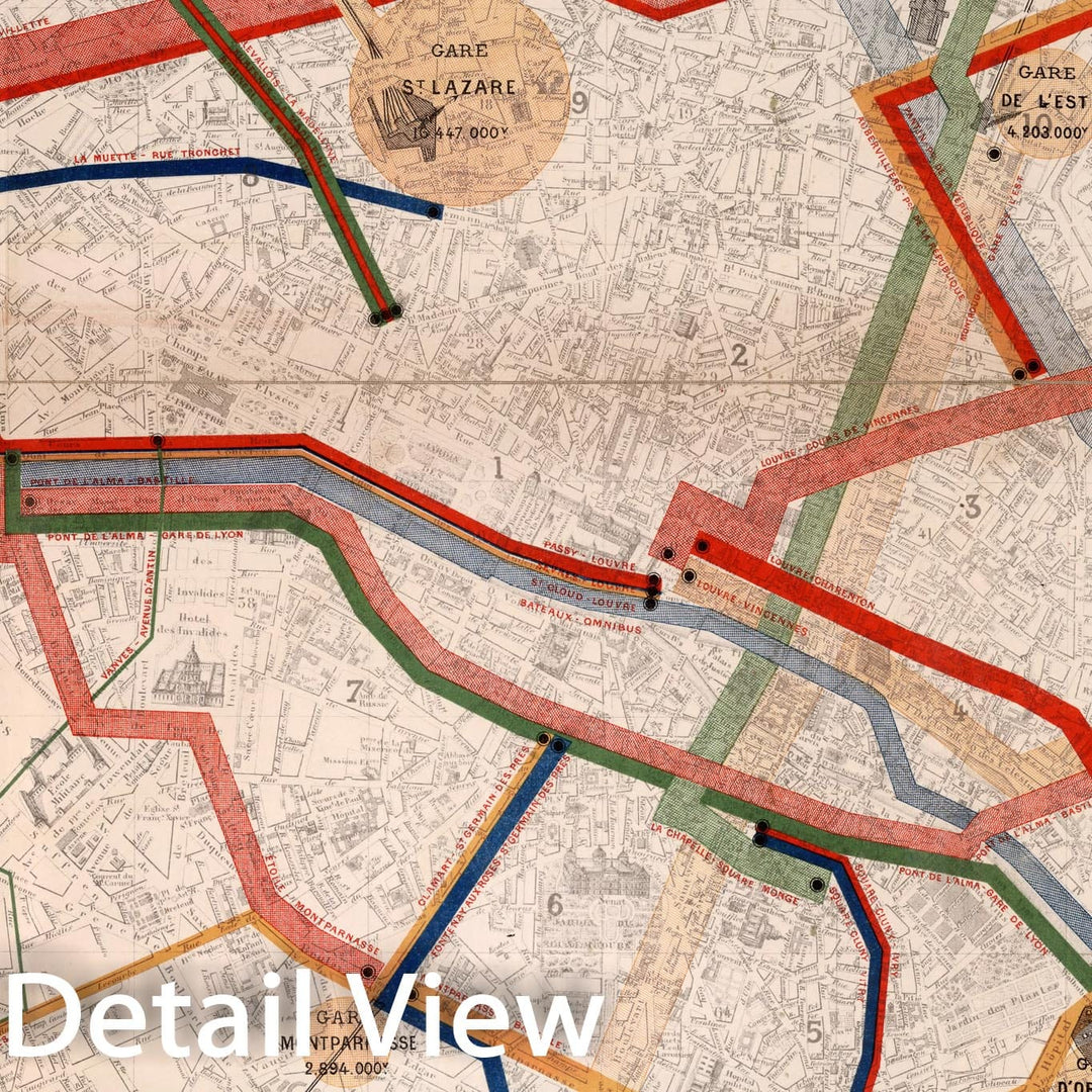 Historic Map : Recettes des Tramways de Paris des Bateaux-Omnibus et Mouvement des Voyageurs, Paris en 1879., 1881, Vintage Wall Decor