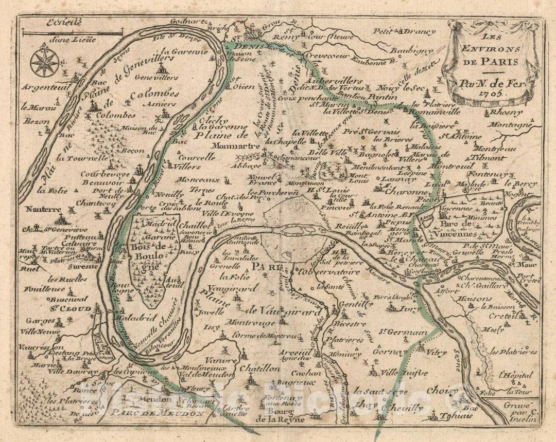 Historic Map : Les environs de Paris, 1697, Vintage Wall Decor