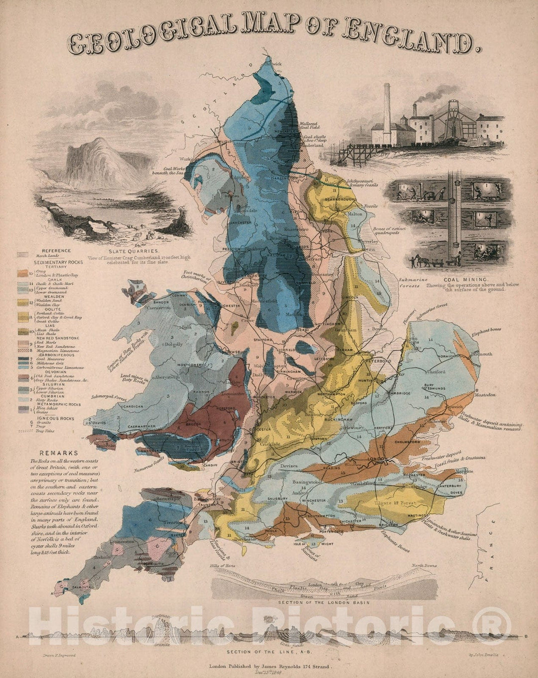 Historic Map : Geological map of England, 1850, Vintage Wall Decor